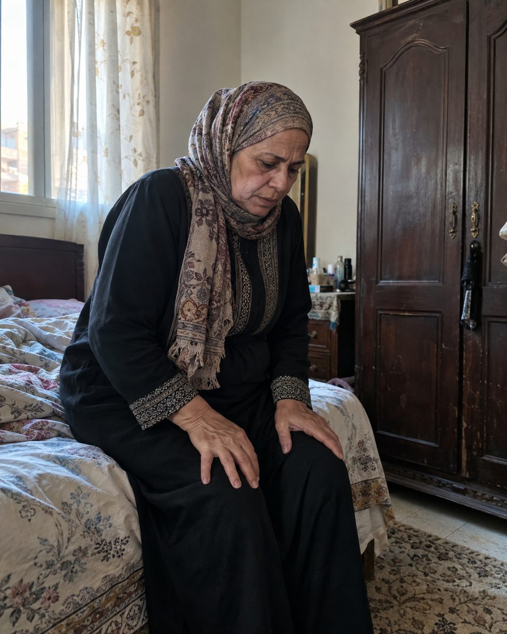 ست قاعدة على السرير الصبح وإيديها على ركبتها
