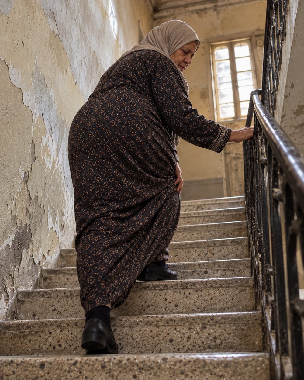 ست كبيرة طالعة السلم وماسكة ركبتها
